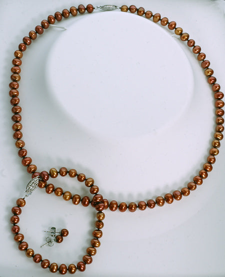 Chocolate Freshwater Pearl Necklace, Bracelet and Earrings Set (SKU: 191071)