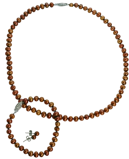 Chocolate Freshwater Pearl Necklace, Bracelet and Earrings Set (SKU: 191071)