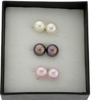 Button Freshwater Pearl Stud Earrings Set - White, Black and Pink (SKU: 191627)
