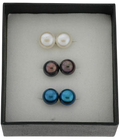 Button Freshwater Pearl Stud Earrings Set - White, Black and Blue (SKU: 191630)