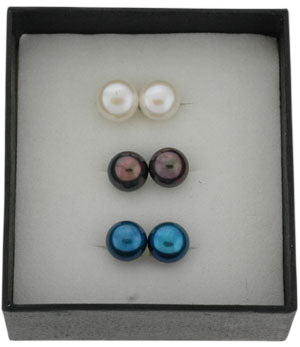 Button Freshwater Pearl Stud Earrings Set - White, Black and Blue (SKU: 191630)