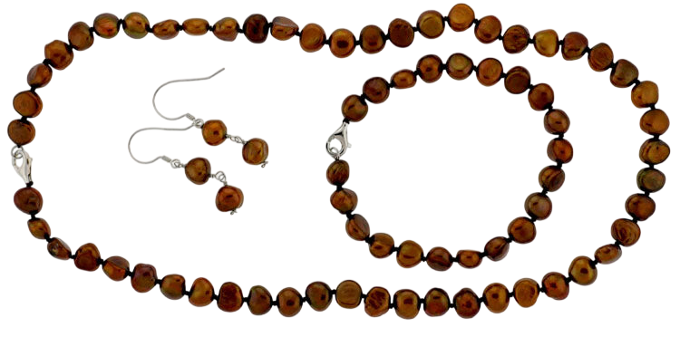 18" Knotted Chocolate Flat Pearl Necklace Set w/ Wire Fashion Earrings (SKU: 190709)