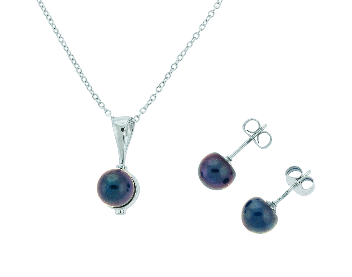 Black Freshwater Button Pearl Pendant Necklace w/ Pearl Stud Earrings (SKU: 191462)