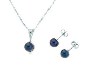 Black Freshwater Button Pearl Pendant Necklace w/ Pearl Stud Earrings (SKU: 191462)