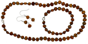 18" Knotted Chocolate Flat Shaped Pearl Necklace Set w/ Wire Fashion Earrings (SKU: 190709)